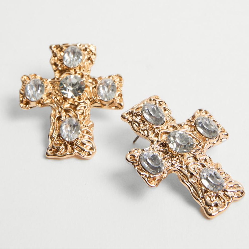 Brand new, never worn, gold cross statement earrings.